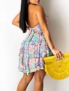 Halterneck Hollow Falbala Backless Floral Print Mini Dress