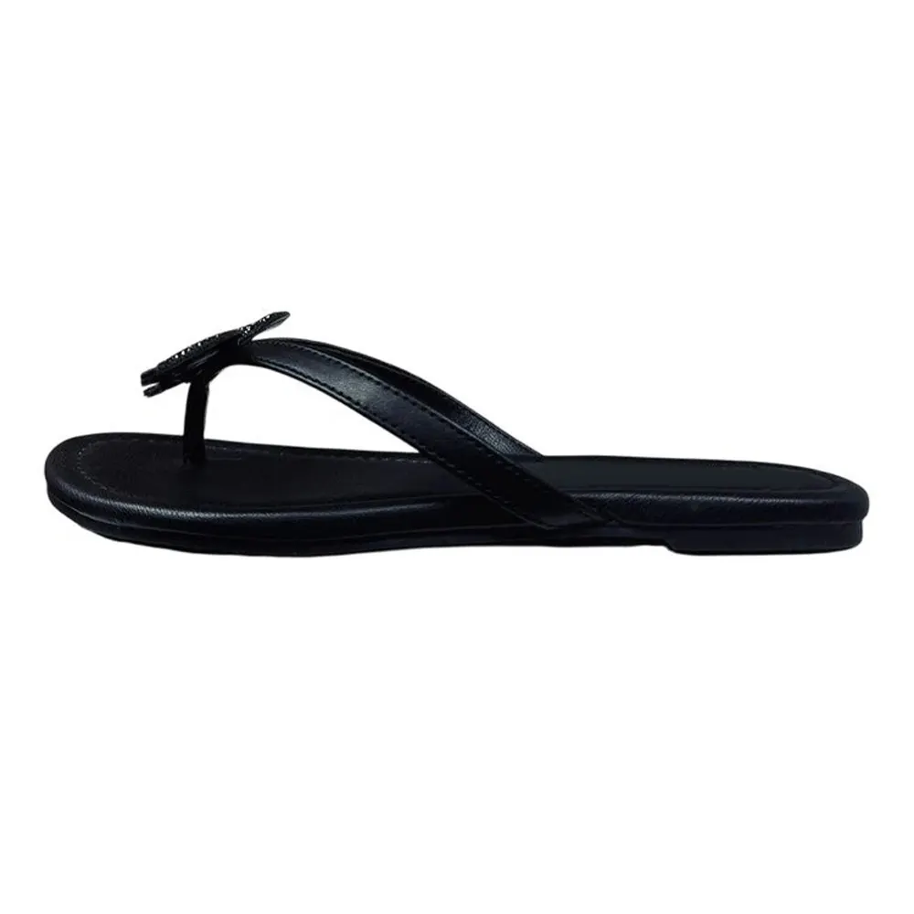 Open Toe Flat Bat Rhinestone Flip Flops Black Sandals for Women
