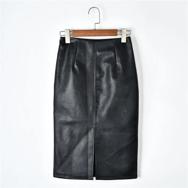 2021 Winter Korean PU Leather Skirts Women High Waist Straight Midi Skirts Sexy Skirt Women Plus Size Solid Split Skirts 10091