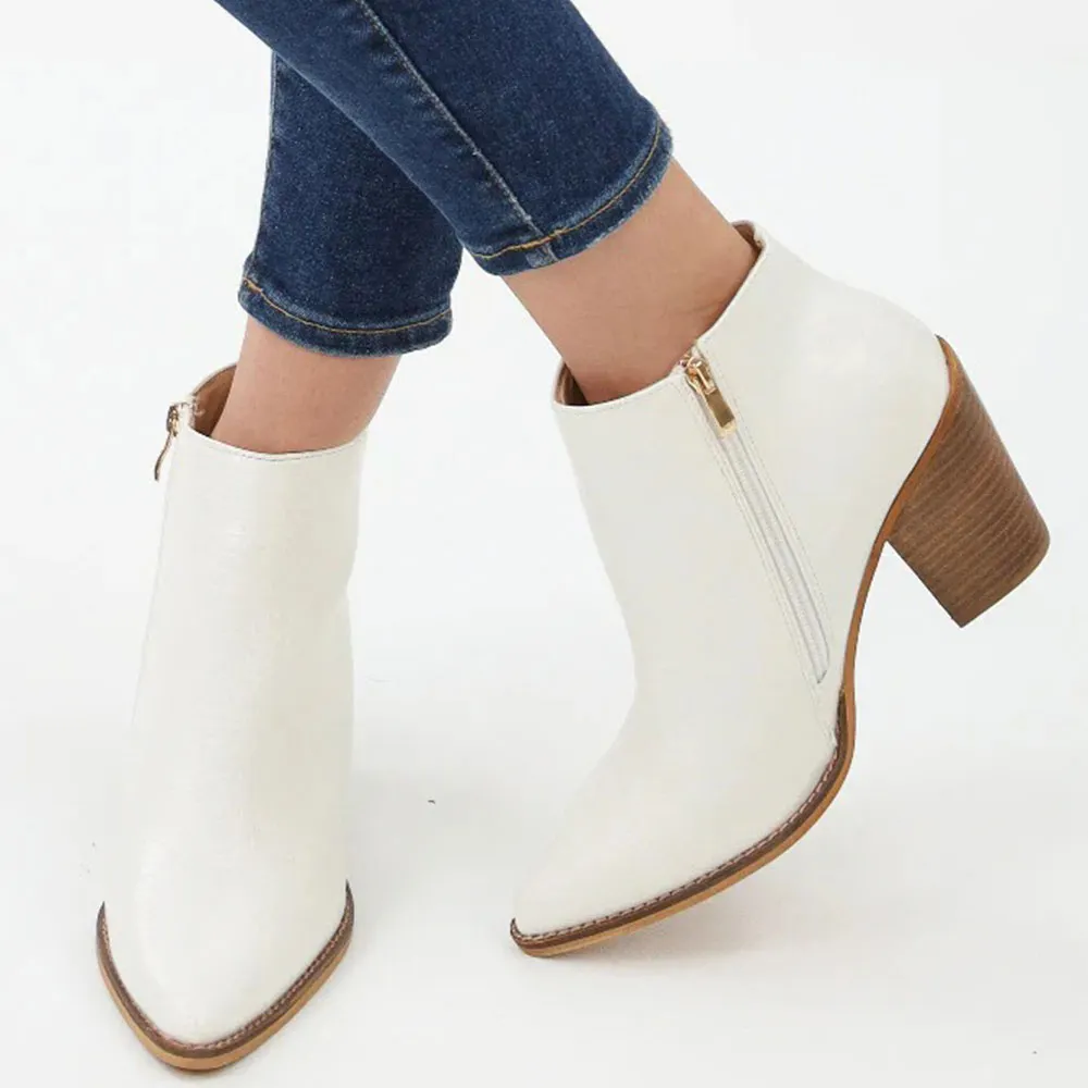 White Faux Leather Pointed Toe Casual Side Zipper Heel Boots