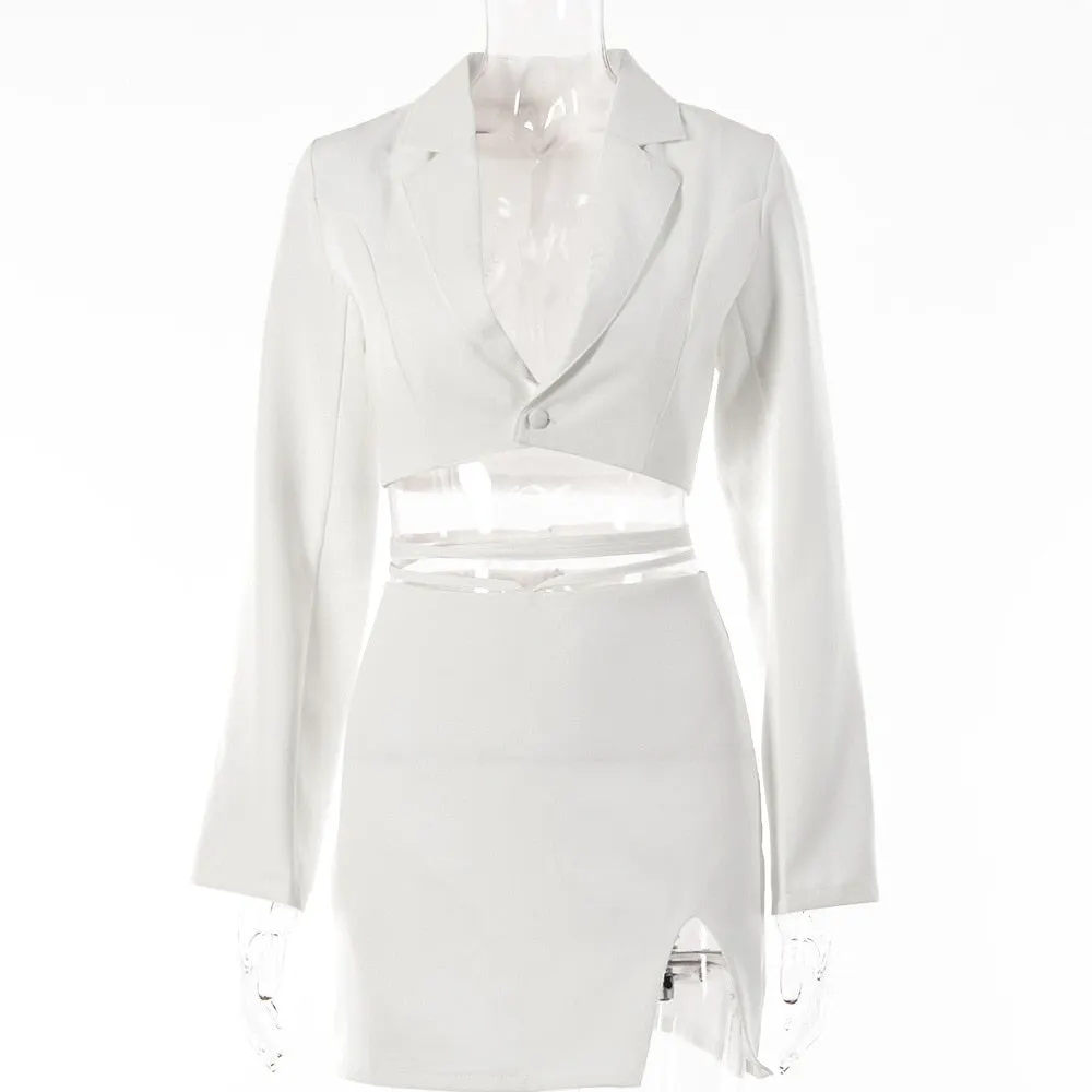 Yimunancy 2-Piece Blazer Sets V Neck Cropped Blazer + High Waist Skirt 2021 Autumn Button Notched Lace Up Matching Set