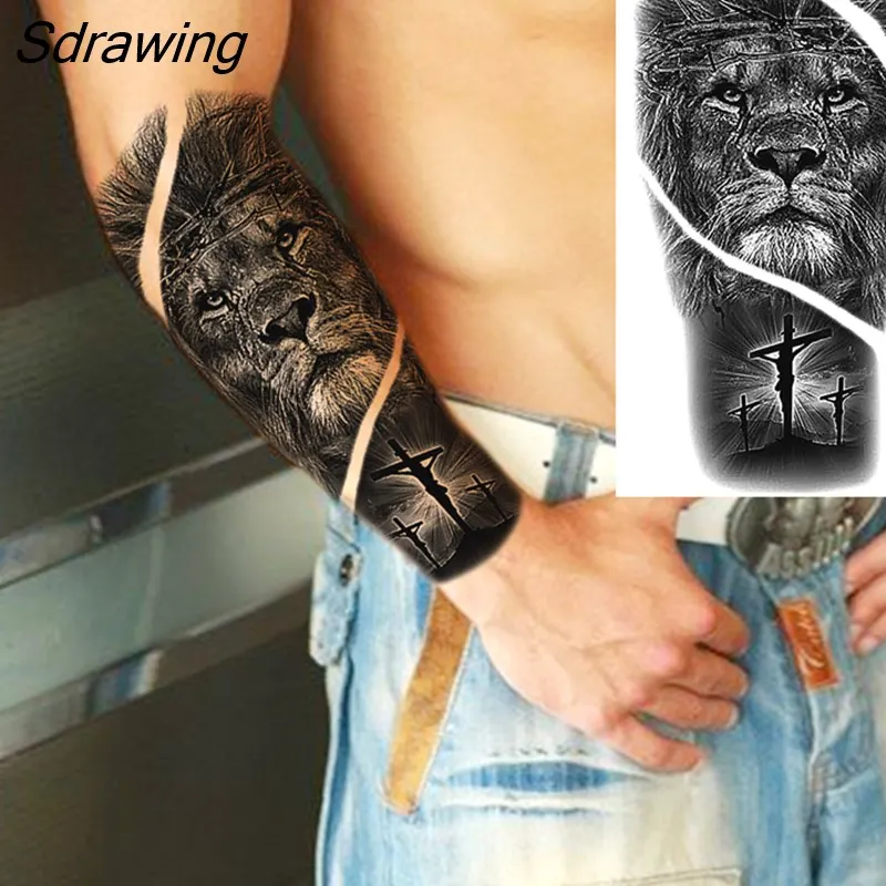 Sdrawing Warrior Punk Skeleton Gangster Rose Flower Temporary Tattoos For Women Men Lion Tiger Skull Rose Fake Tattoo Sexy Arm