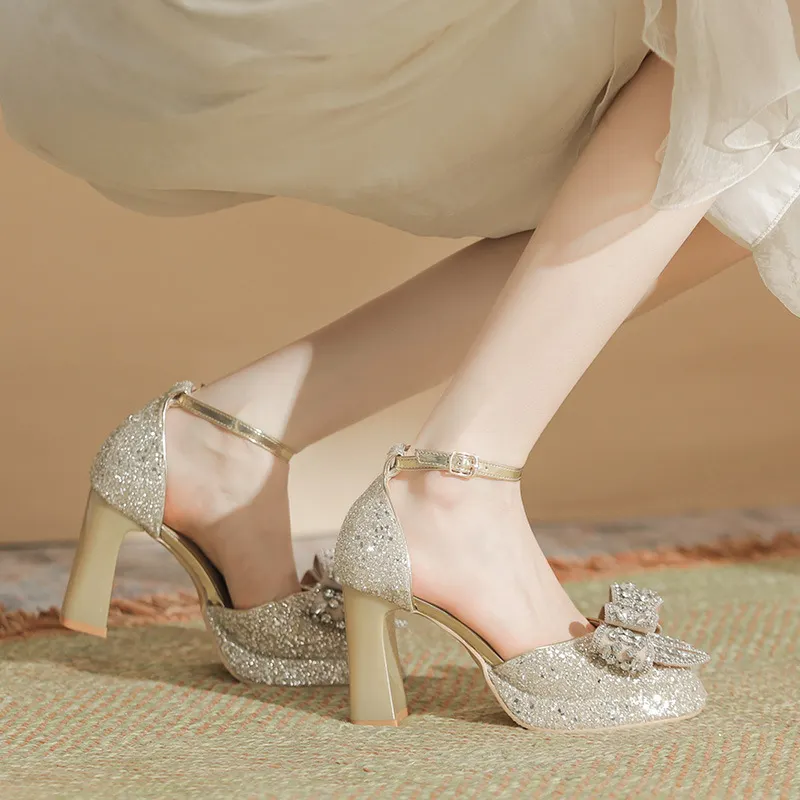 Churchf Churchf Waterproof Platform Thick With A Word Button Mary Jane High Heels Sequins Hollow Wedding Shoes Bridesmaid Shoes Single Shoes Women