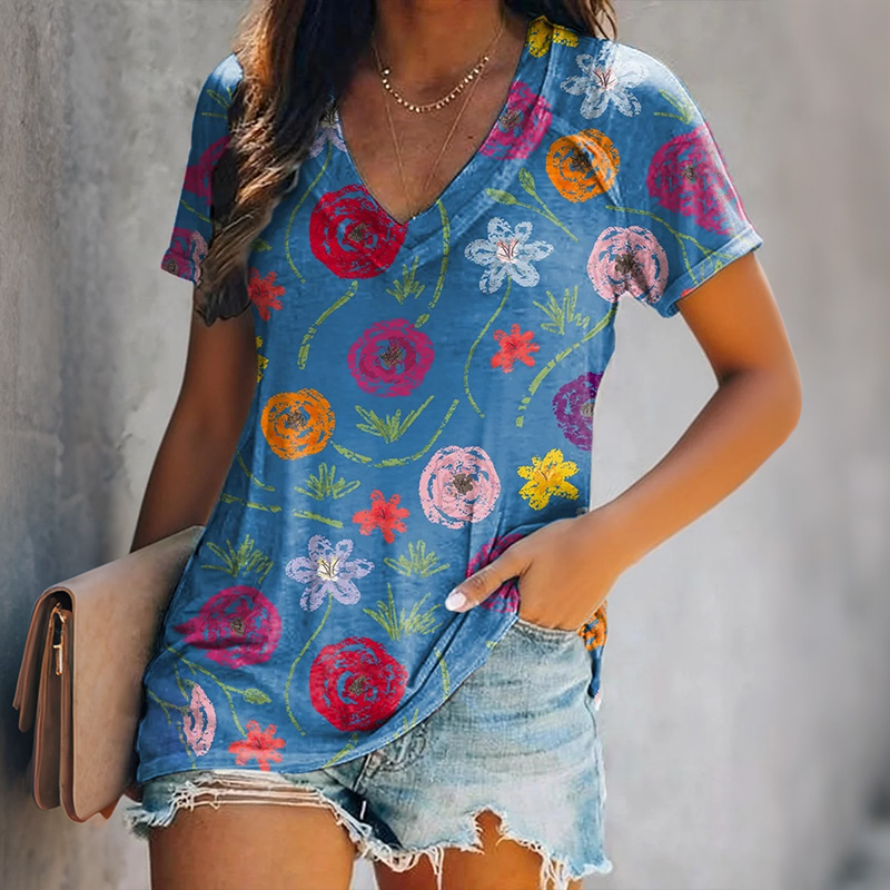 Comstylish Women's Retro Floral Art Print Casual V-neck T-shirt