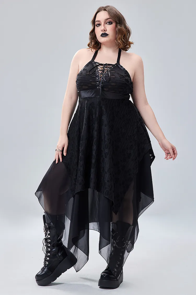 Xpluswear Design Plus Size Halloween Costume Black Lace Up Sleeveless Irregular Hollow Knitted Midi Dress（Ships 24h） 2024 - Xpluswear