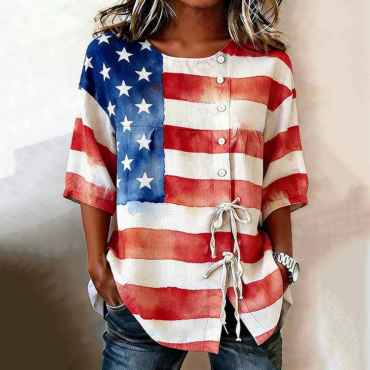 Women's Vintage American Flag Art Crew Button Down Shirt
