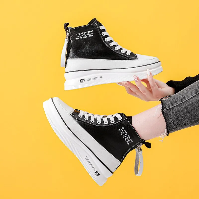 Fujin 4.5 Cm Platform Women Ankle Boots Genuine Leather Spring Autumn Zipper Hidden Heel Women Casual Shoes High Top Zip Shoes
