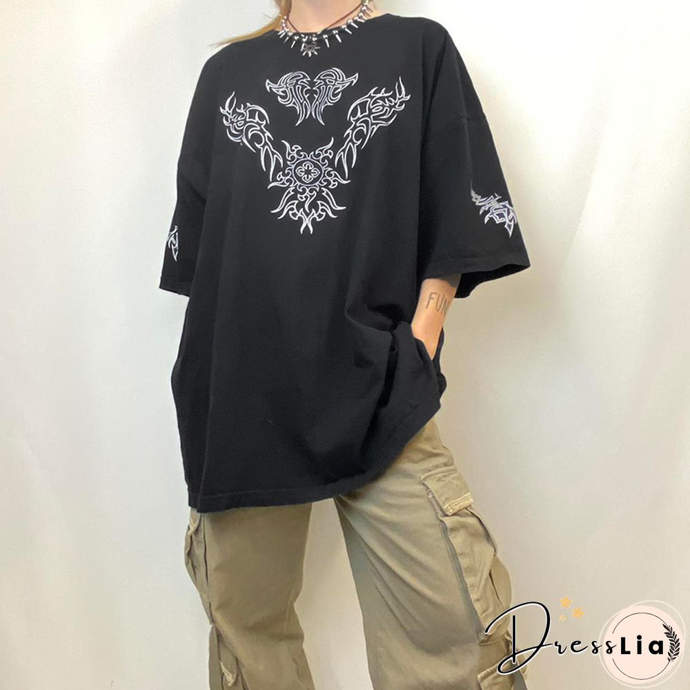 Fashion Oversized Black Long T-Shirts Women Goth Print Aesthetic Grunge Graphic Tees Short Sleeve Tops Summer Clothing