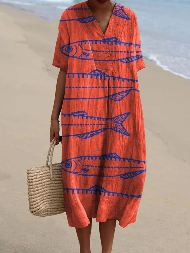 Women's Vintage Lovely Sardines Art Print Flowy Dress