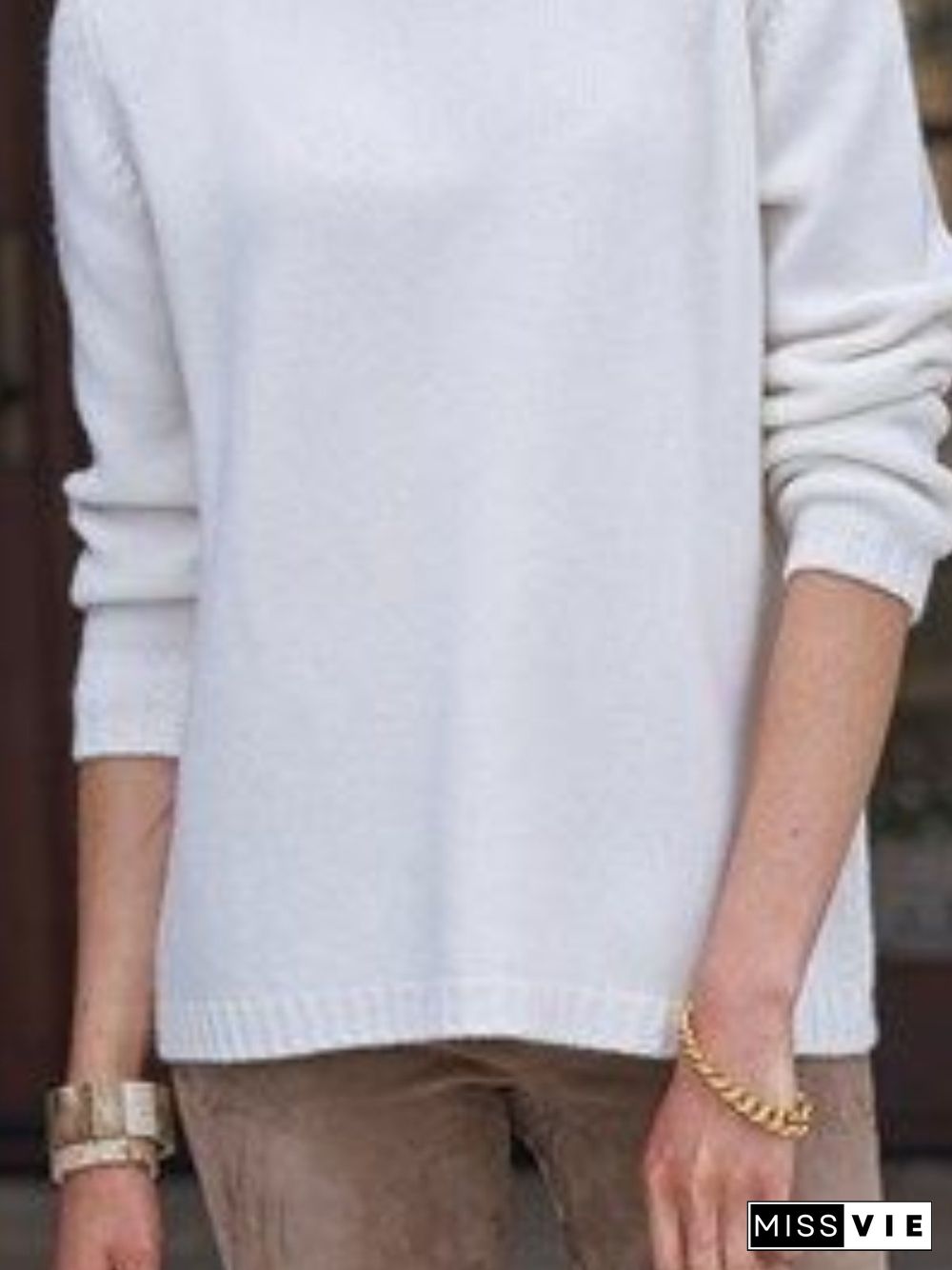 Simple Spring Solid Cotton Natural Lightweight Daily Long sleeve Turtleneck Sweater for Women