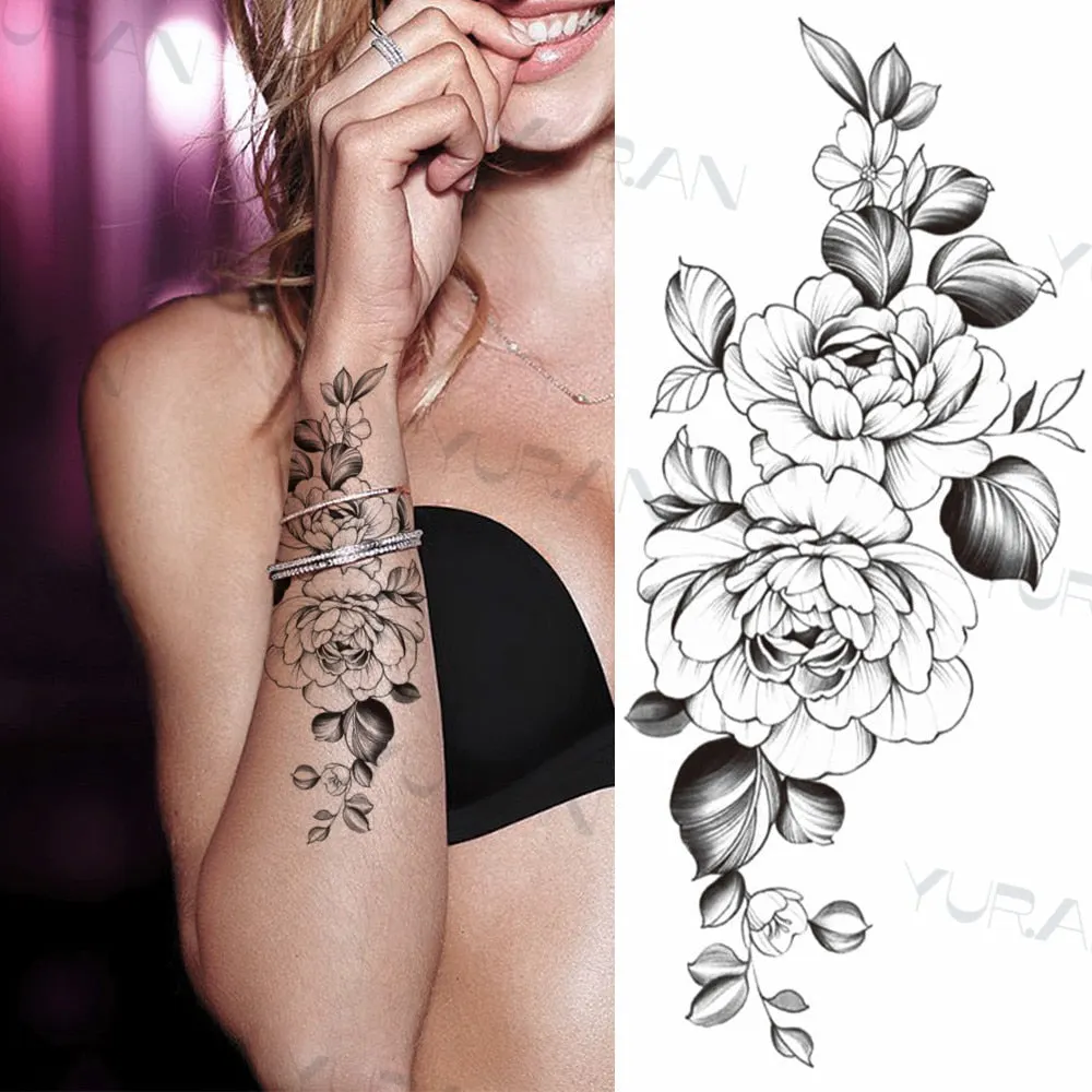 Black Large Snake Flower Fake Tattoo Sticker For Women Dot Rose Peony Temporary Tattoos DIY Water Transfer Tatoos Girls 530