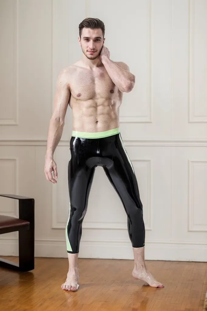 Men's Latex Leggings Male Three-Quarter Gym Tights Black & GreenGreen Color Trim Capri Leggings