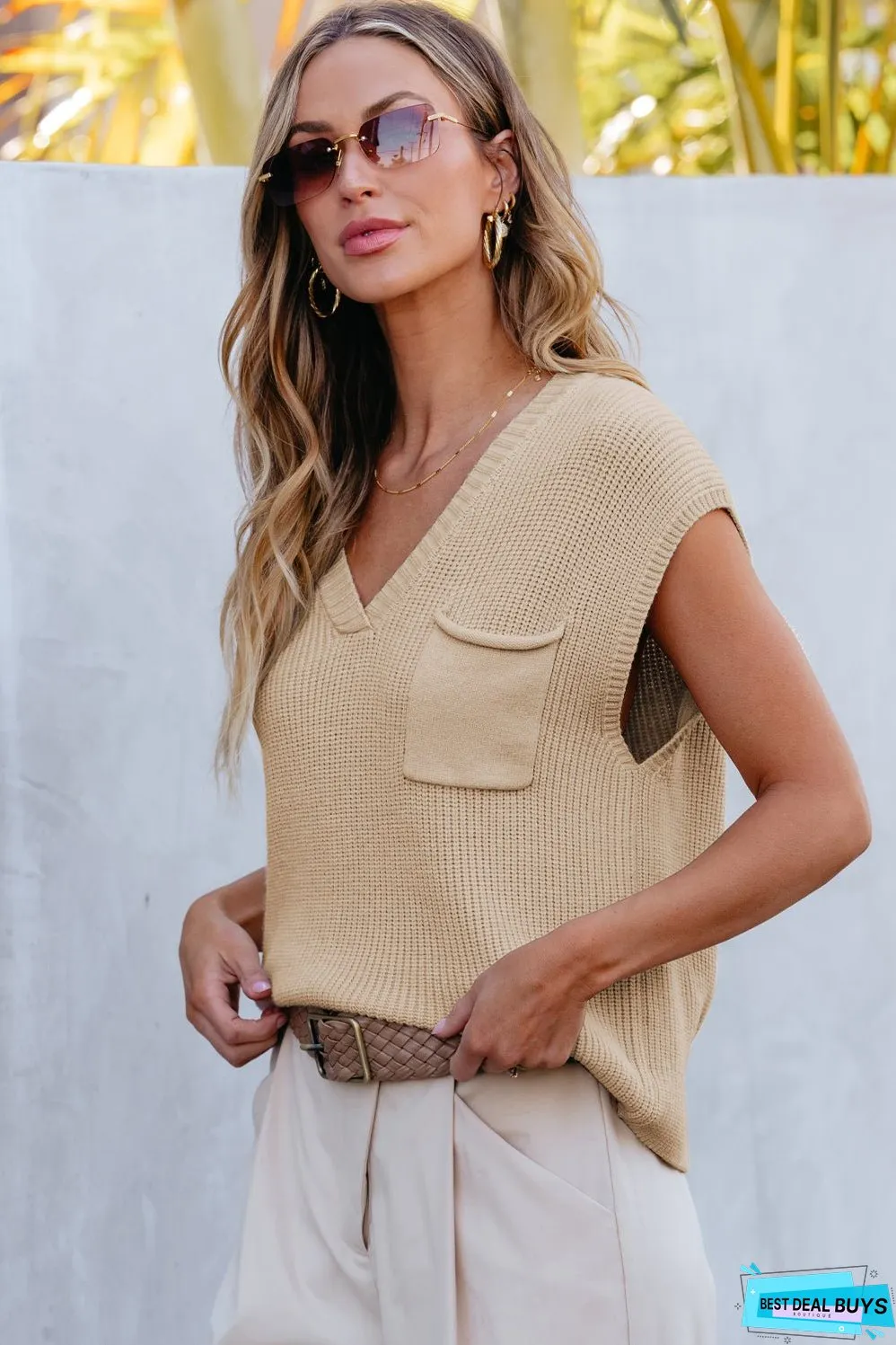 Chest V Neck Ribbed Cap Sleeve Sweater