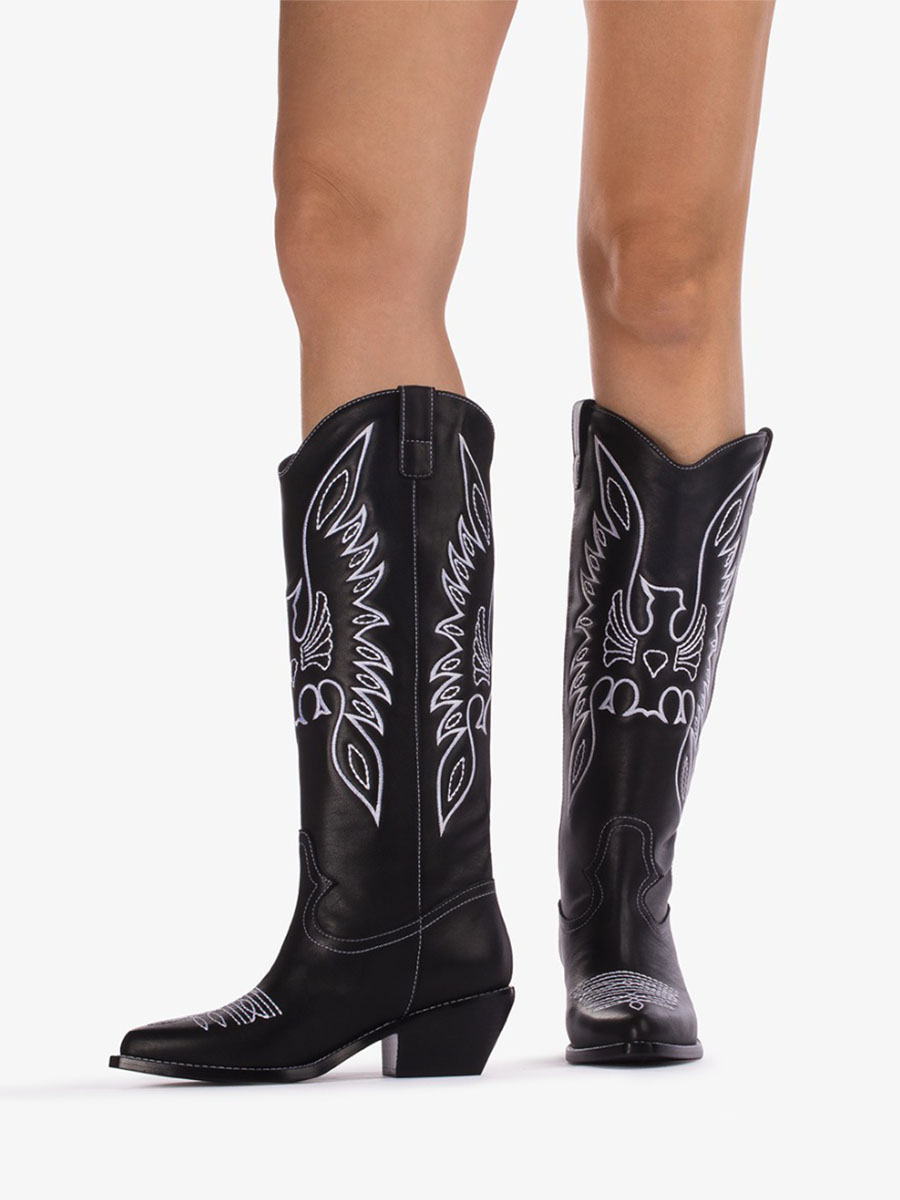Black Vegan Leather Pointed Toe Eagle Embroidered Knee High Cowgirl Boots With Chunky Heels