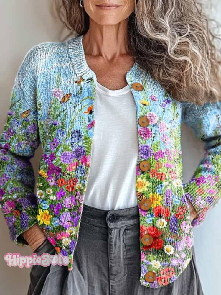 Women&rsquo;s Colorful Floral Art Print Casual Button Cardigan Sweater Multicolor / S