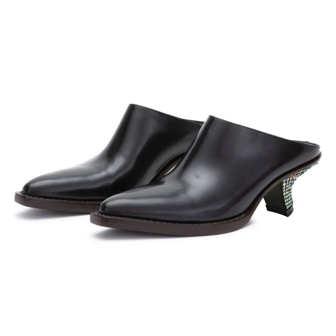 YDN Black Pointed Toe Rhinestone Sculptural Heel Mules for Women