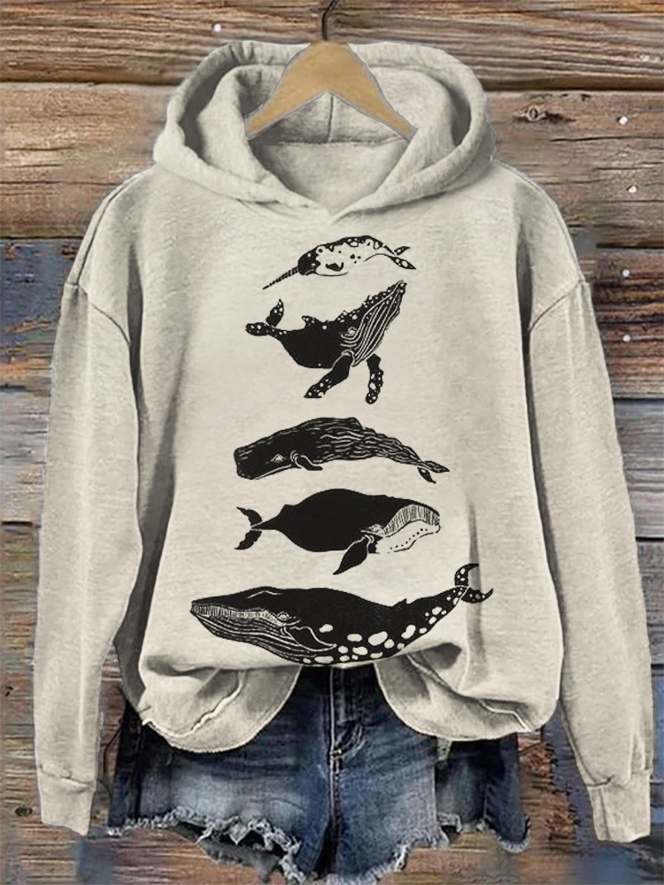 Species of Whales Japanese Lino Art Cozy Hoodie
