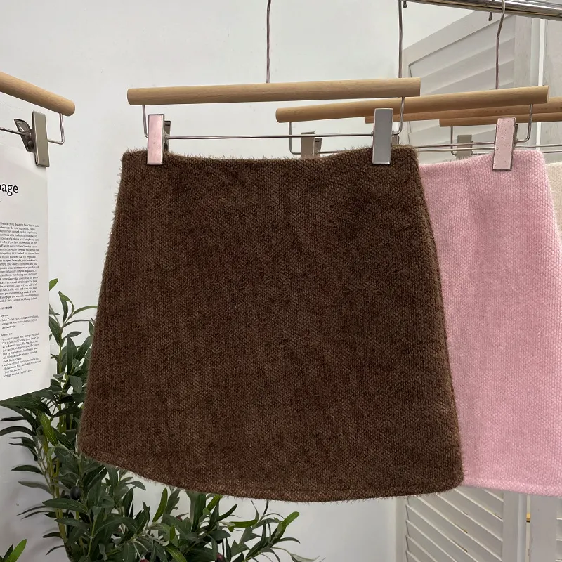 Uveng Real Shooting Pink Hair This Dress Girl Autumn And Winter High Waist A-Buffed Short Skirt Anti-Light One-Step Skirt 8871