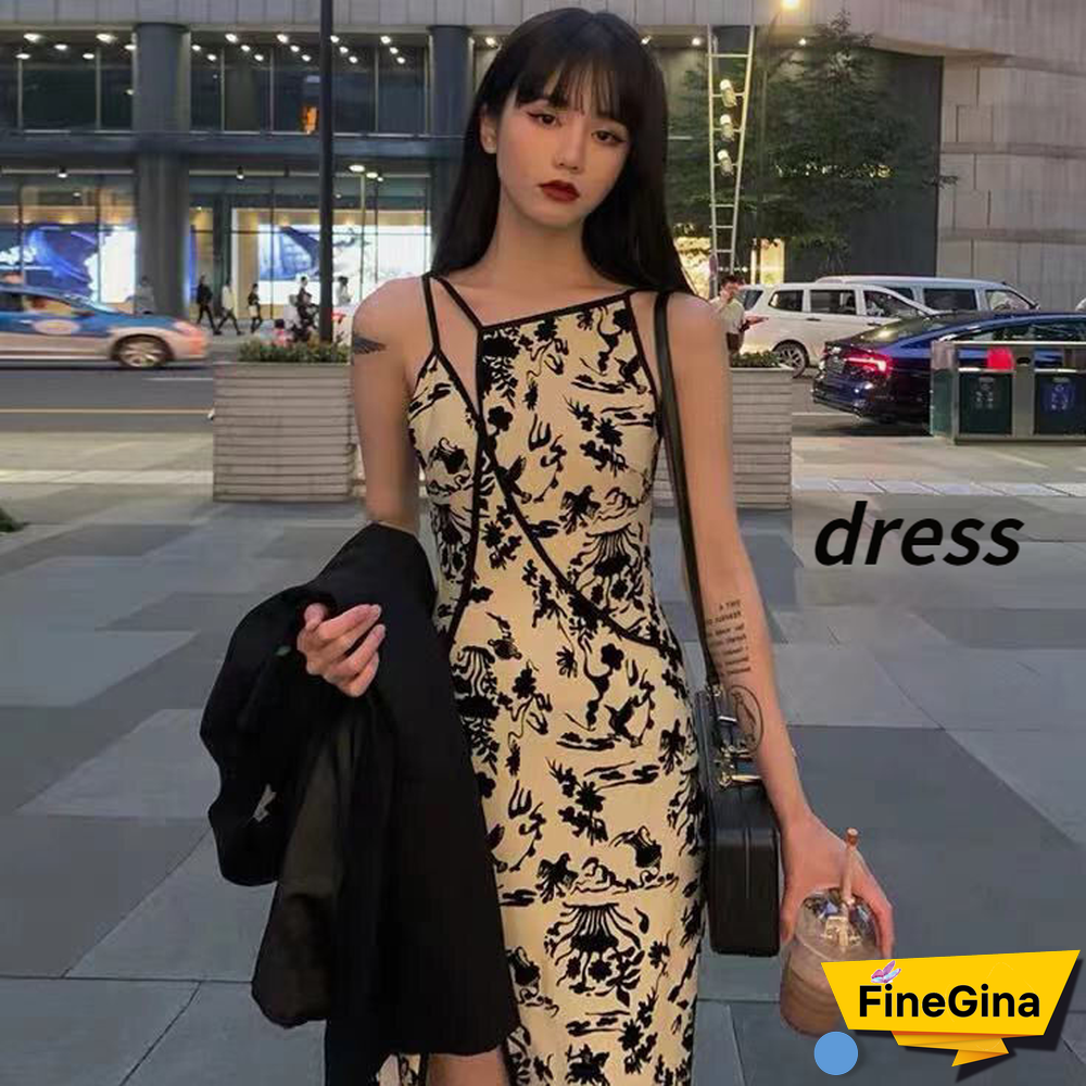Dresses Women Asymmetrical Fashion Streetwear Summer Side-Slit Design Mid-Calf Print Causal Retro Harajuku Basic Female Elegant