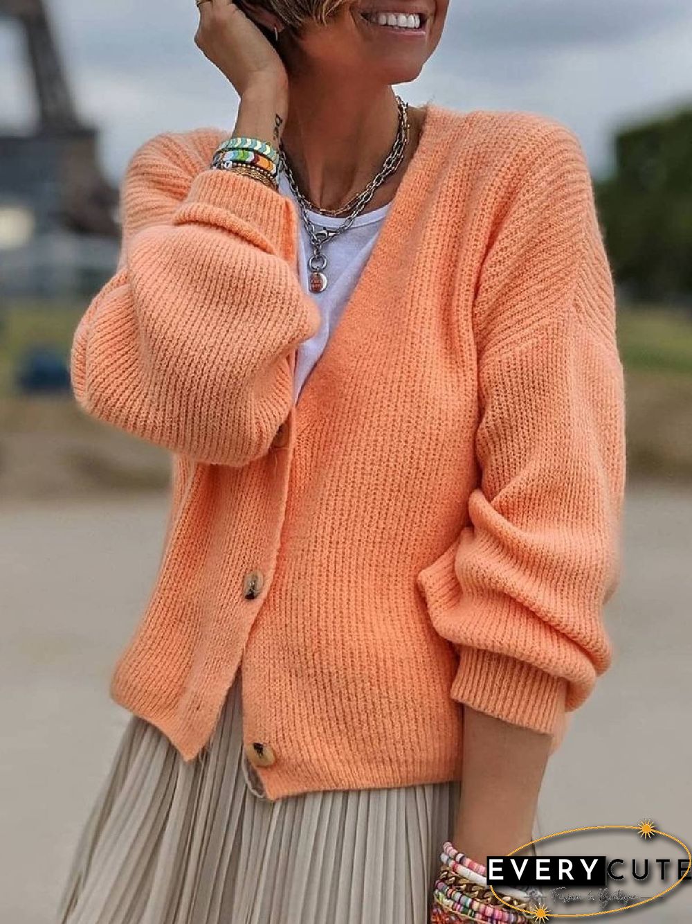 Women Casual Autumn Solid V neck Jersey Mid-weight Daily Long sleeve Sweater