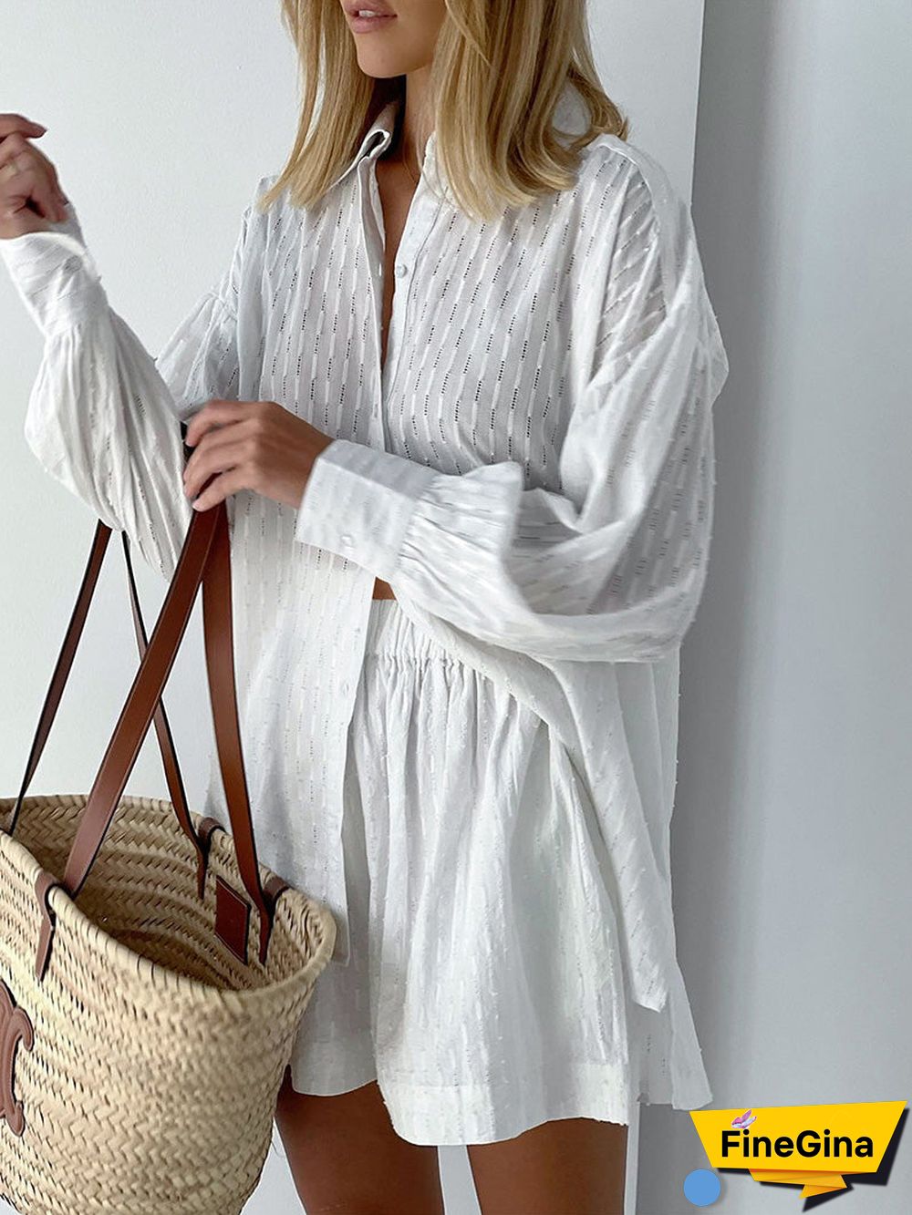 Women'S Sets Jacquard Long Sleeve Shirt & Shorts Two Piece Set