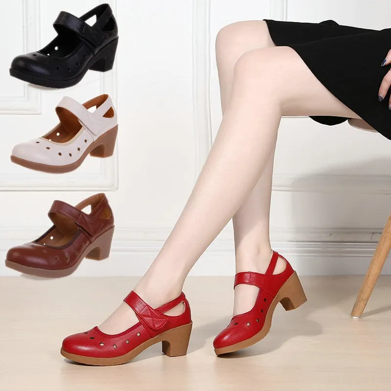 GKTINOO 2022 Cut Out Women Pumps Breathable Women Shoes Hook&Loop Thick High Heels Soft Mary Janes Dancing Shoes Leather