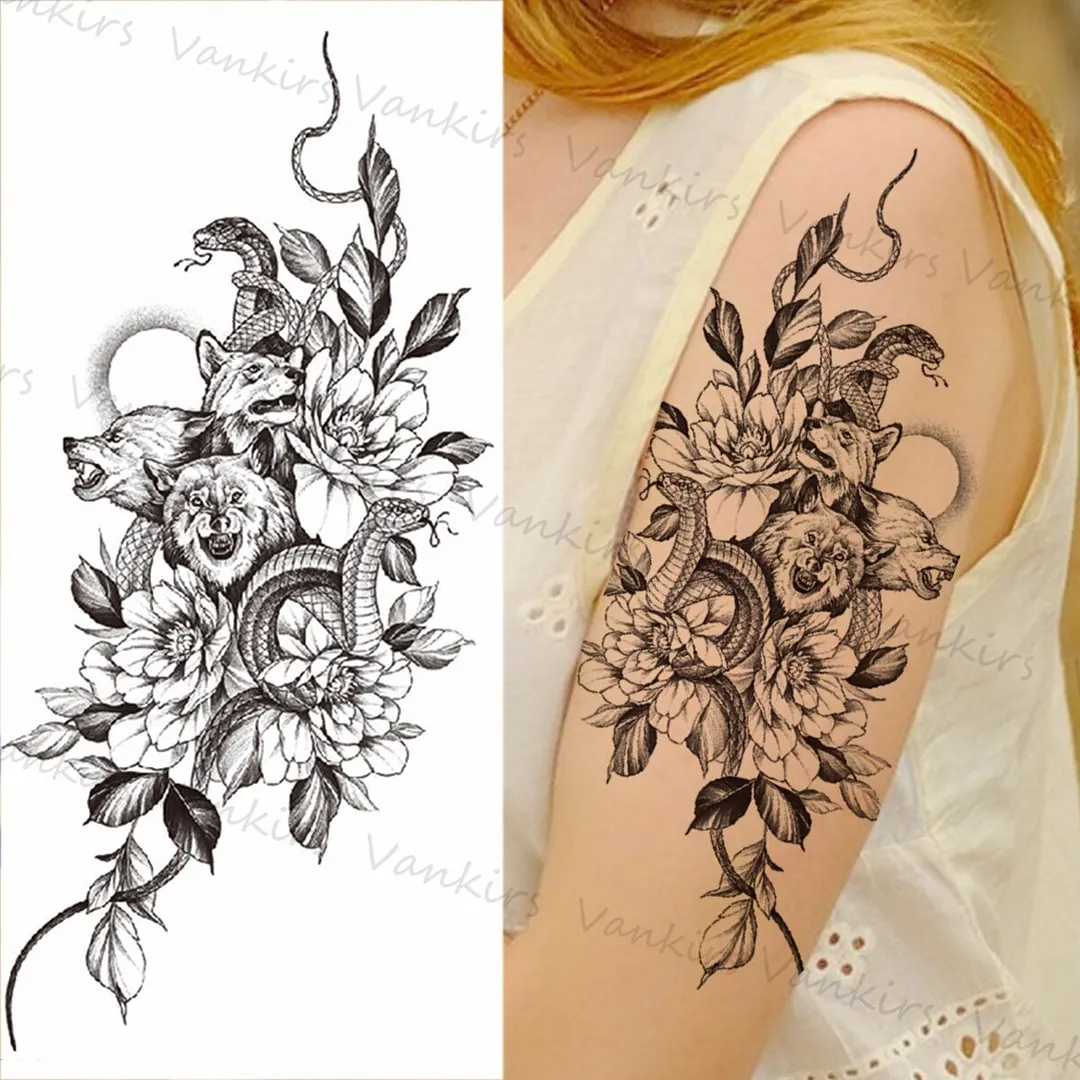 Sdrawing Skeleton Snake Flower Temporary Tattoos For Women Girls Realistic Snake Wolf Tribal Fake Tattoo Sticker Arm Waist Tatoo 3D