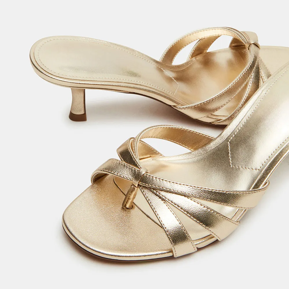 Gold Metallic Finish Open Toe Cross Strap Slide Shoes for Women