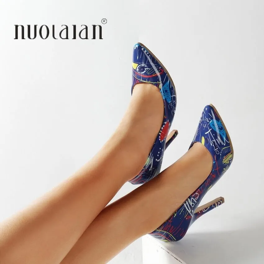 2019 New fashion woman shoes graffiti colorful party wedding shoes big size 35-42 sexy pointed toe high heels pumps women shoes