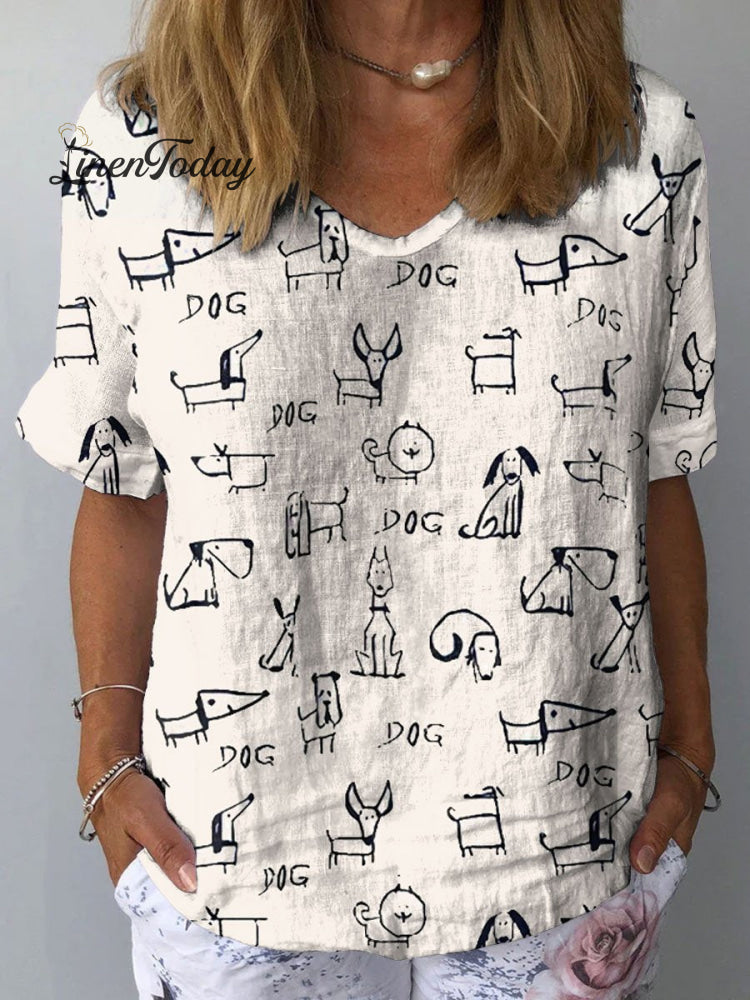 Women&rsquo;s Cute Dog Print Casual Cotton And Linen Shirt Multicolor / S