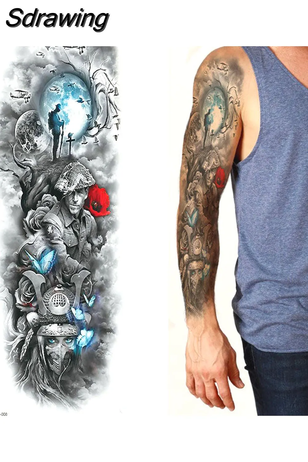 Sdrawing Full Arm Tattoo Lion Crown King Rose Waterproof Temporary Tatoo Sticker Wild Wolf Tiger Men Skull Totem Tattoo 430-1