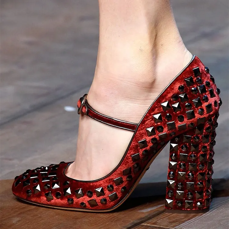 Burgundy Velvet Vintage Block Heel Pumps Vdcoo