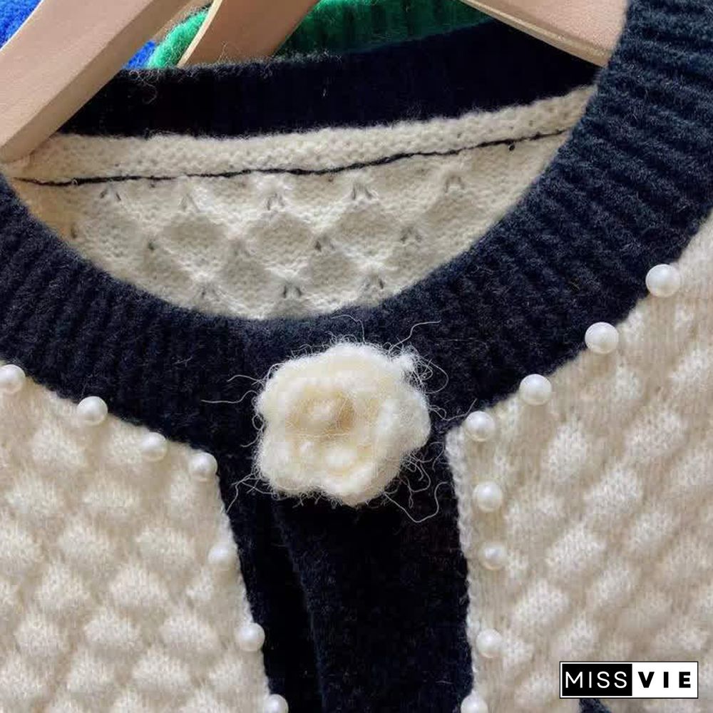 Pearl Decor 3D Blossom Button Cardigan Sweater