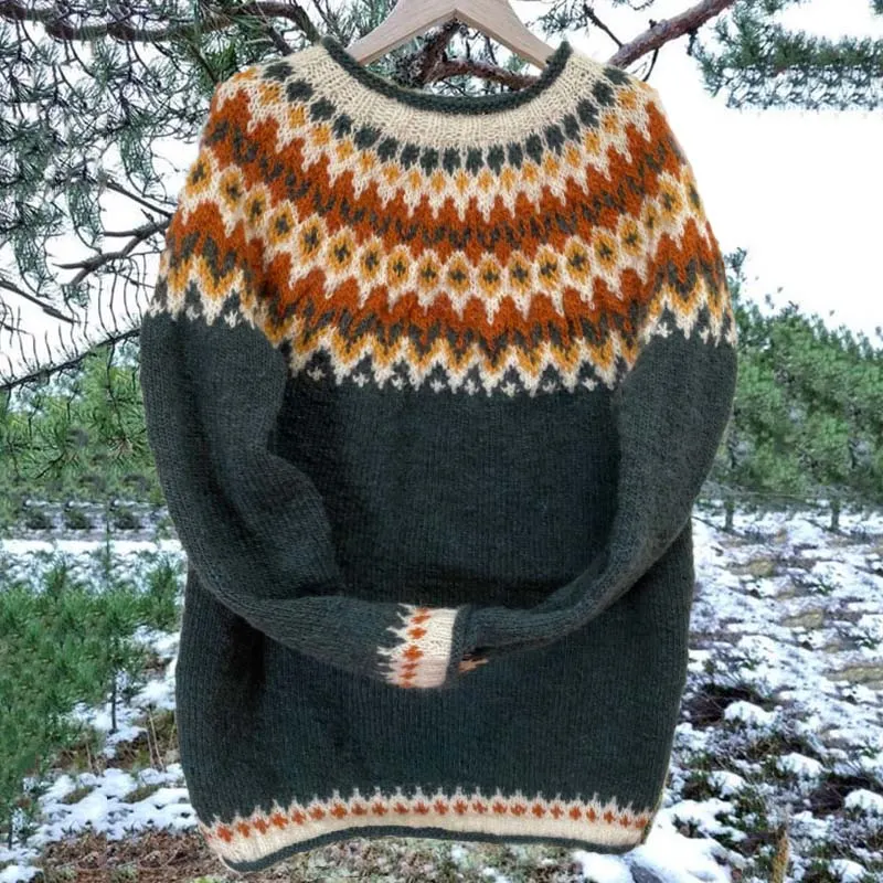 Unisex Vintage Icelandic Orange Knit Jacquard Warmth Crew Neck Sweater