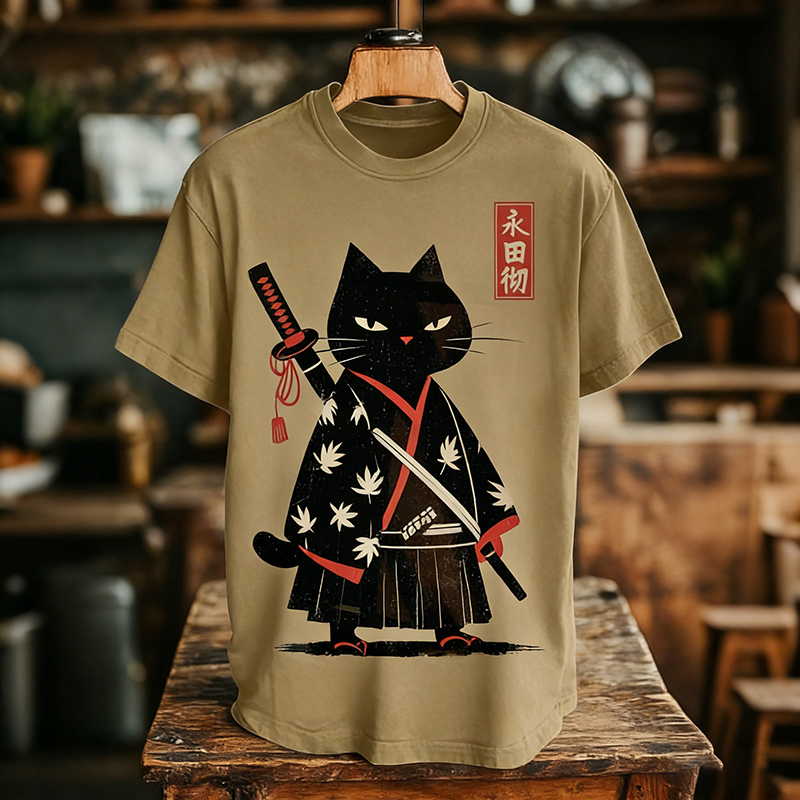 Men's Retro Japanese Samurai Cat Art Print T-shirt elevenforest