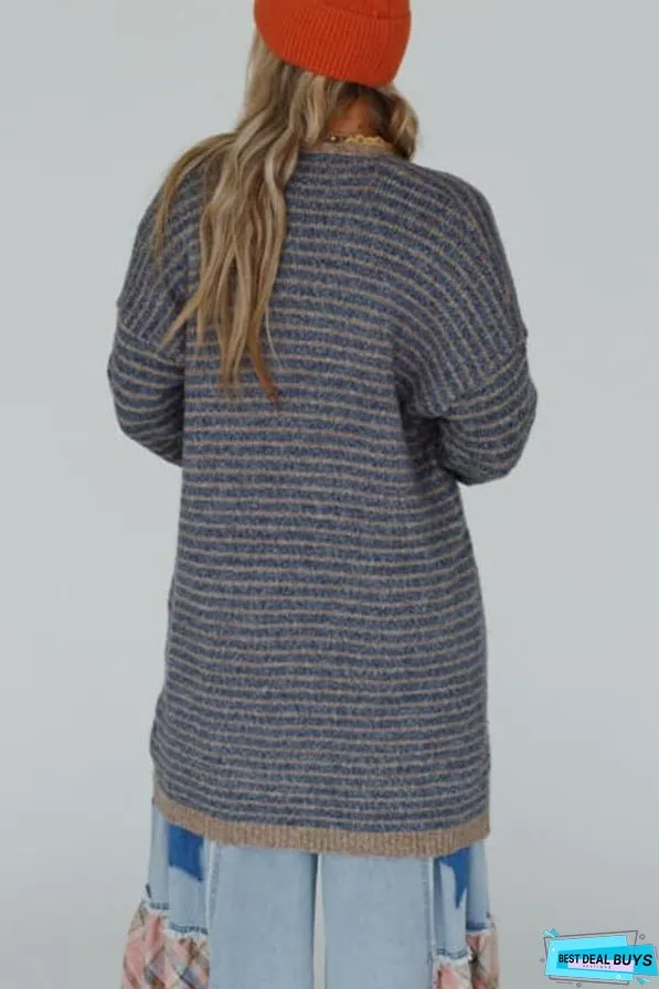 Fashion Contrast Striped Loose Long-sleeved Mid-length Knitted Cardigan
