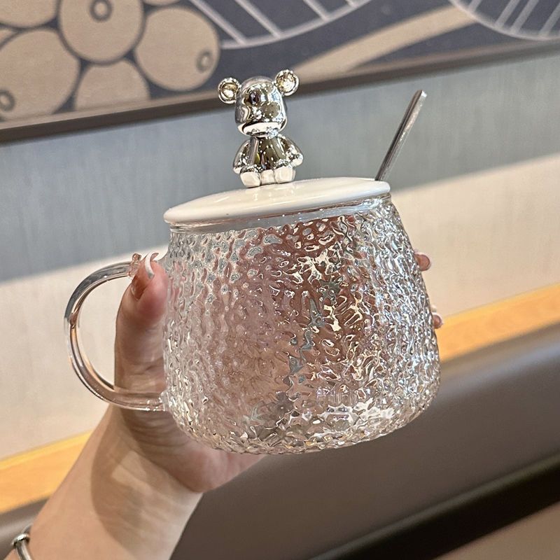 New high-looking bear water cup with lid spoon heat-resistant glass Girl's office Coffee Cup one-piece delivery