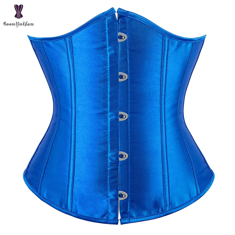Satin Women's Slimming Outfit Clothes Waist Cincher Lace Up Boned Bustier Top Underbust Corset With G String 28335#