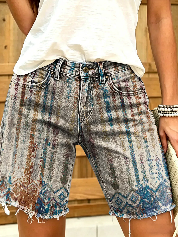 Ethnicity Totem Stripes Women's Art Print Casual Denim Shorts