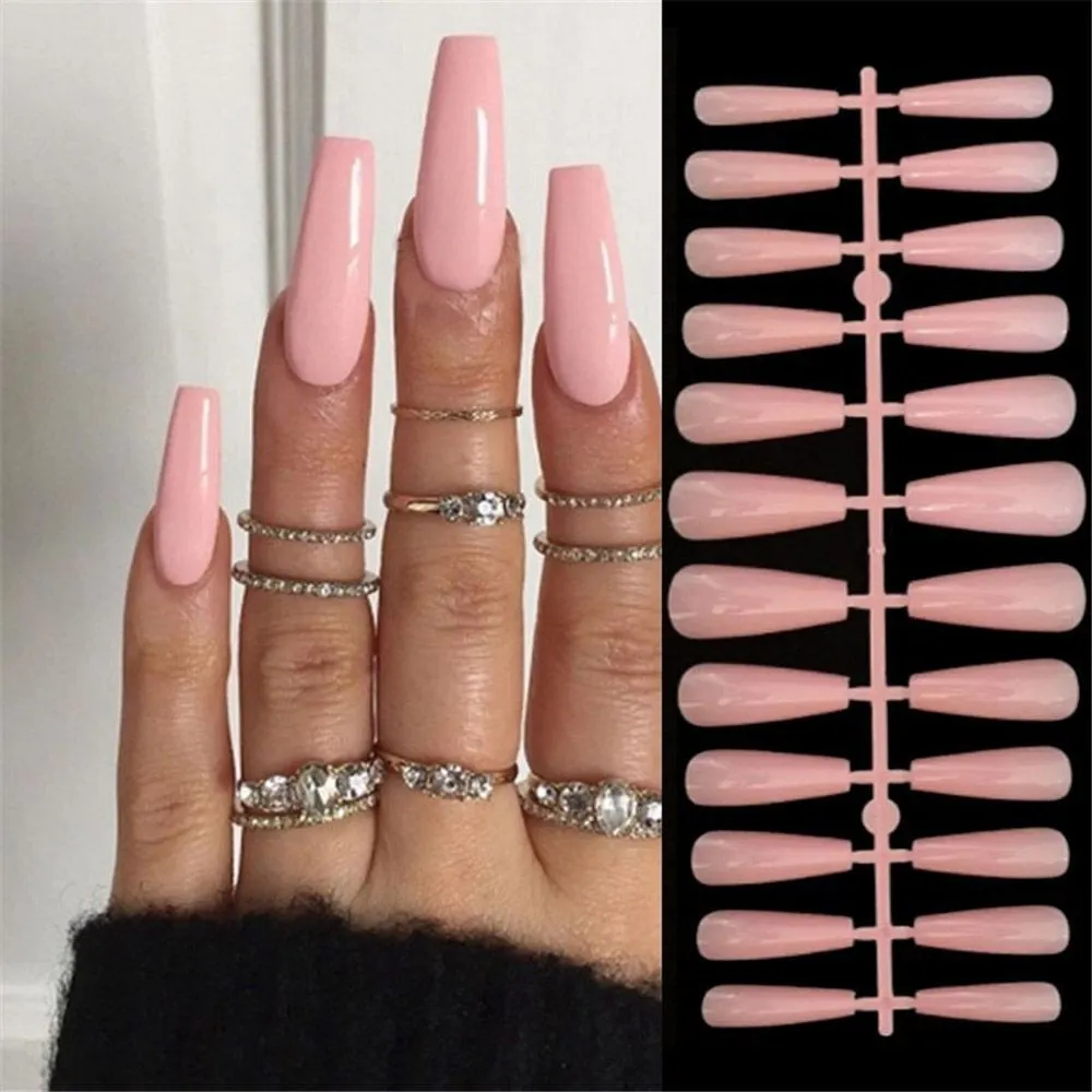 24Pcs/Set Star Moon Water Bottle Design False Nail French Full Cover Long Coffin Fake Nails Glue DIY Manicure Nail Art Tools