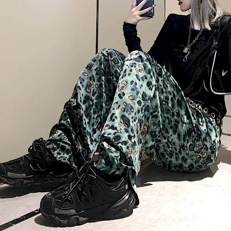 Leopard print wide-leg pants women high waist mopping drape feeling 2020 autumn drape autumn thin pants personality streetwear