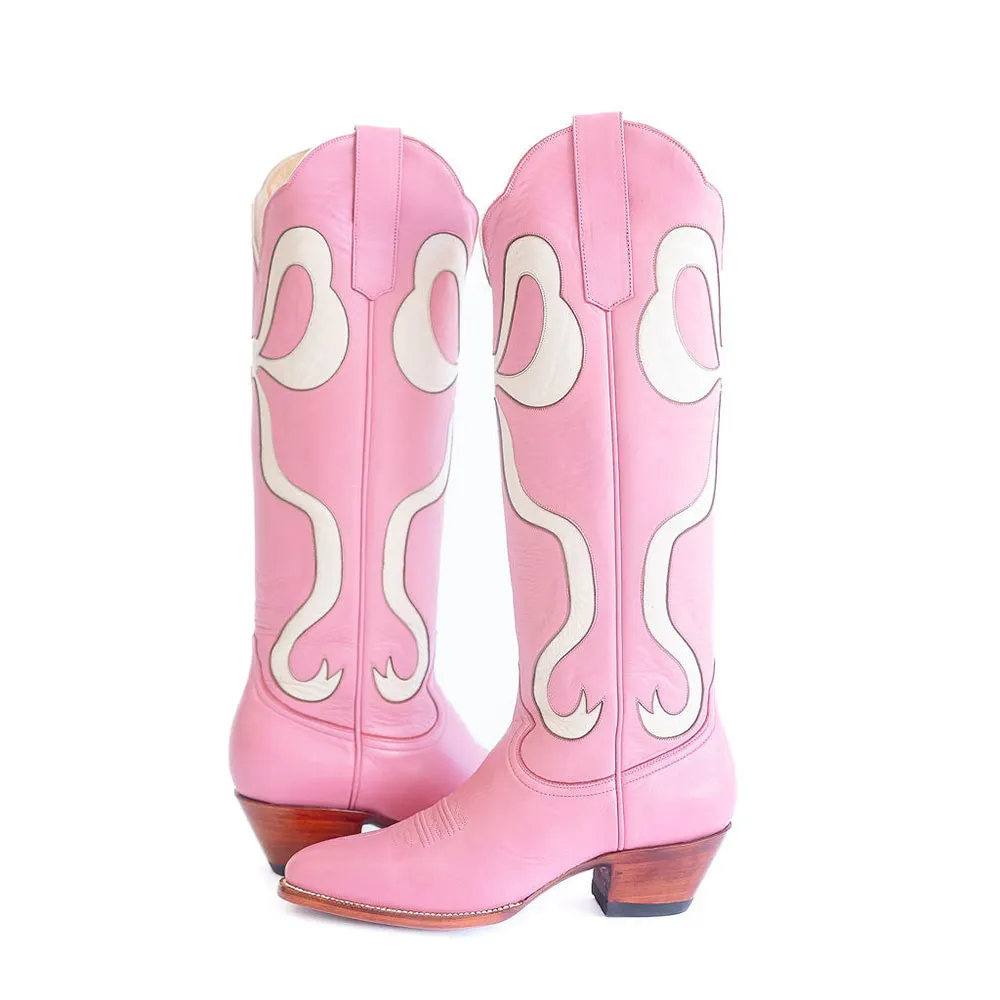 Pink & White Closed Toe Bow Inlay Knee High Cowgirl Boots