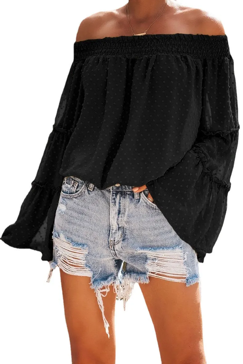 Brownm Long Dot Sleeve Chiffon Off-shoulder Off-the-neck Hollow-out Loose Top