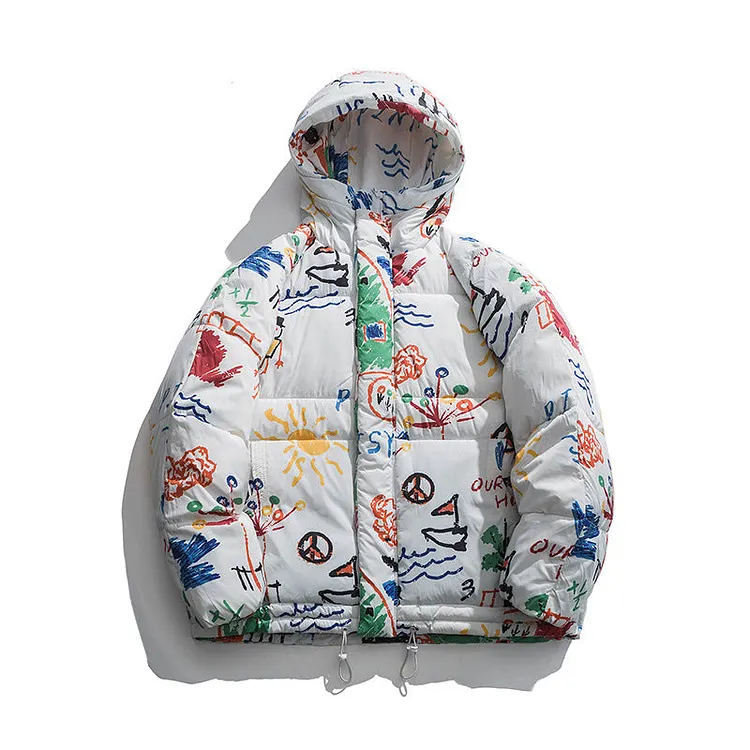 Man Fall Winter Outfis Winter Printed Cotton-Padded Coat Men's Loose Casual Warm Hooded Jacket