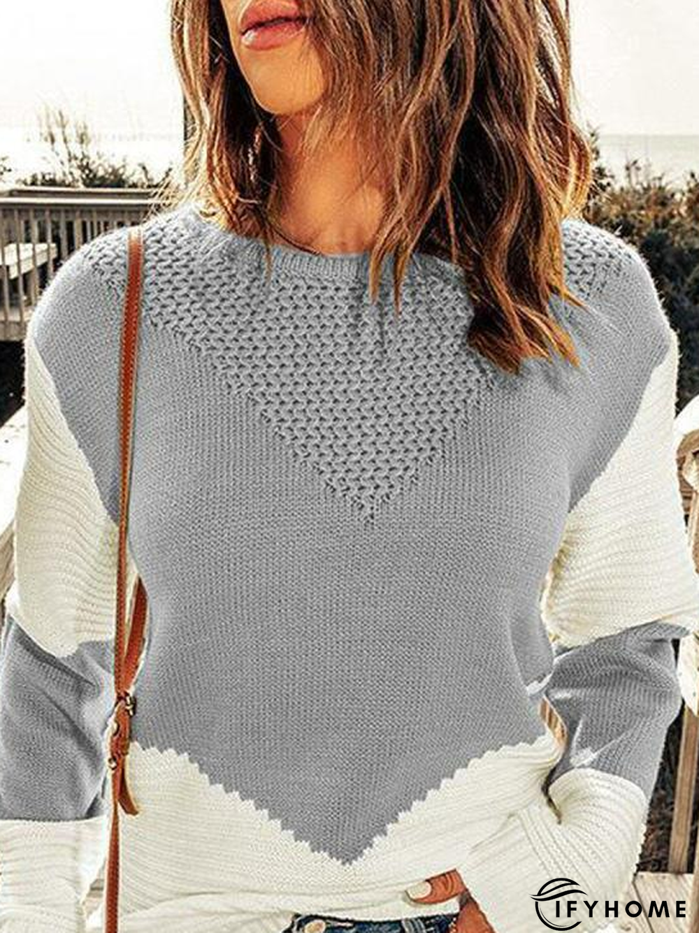 Casual Color Block Winter Daily Loose Long sleeve Crew Neck Wool/Knitting Regular Sweater for Women | IFYHOME