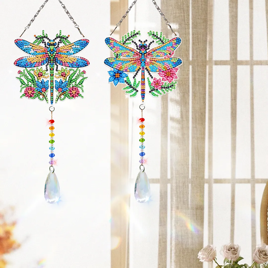 2Pcs Garden Dragonfly DIY Double-Sided Diamond Painting Hanging Kits Diamond Painting Suncatcher Craft Kit for Home Garden Wall Decor Gift