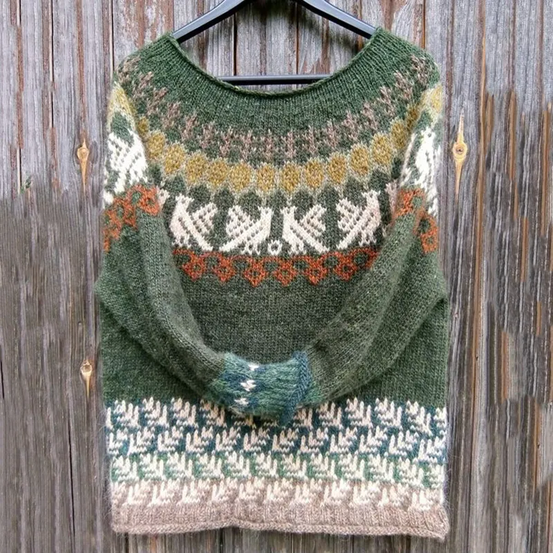 Vintage Icelandic Cute Bird Knit Jacquard Warmth Crew Neck Sweater（Unisex）