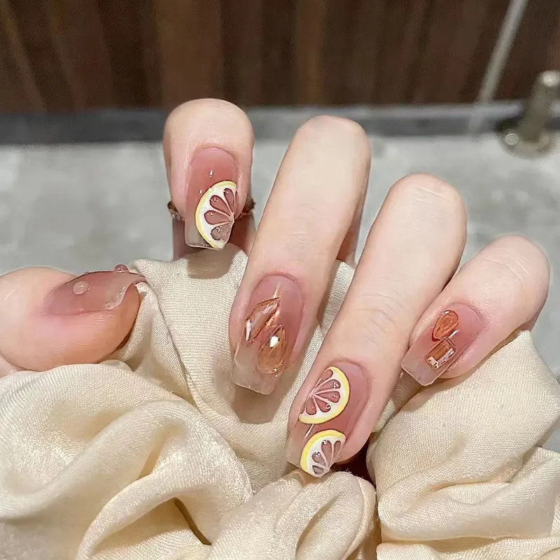 Churchf Churchf Money Wear Armor Naked Orange Lemon Blush Summer Sweet Small Fresh Beauty Nail Tablets Finished 24 Pieces Of Fake Nails
