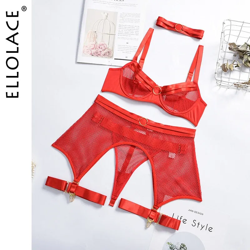 Ellolace Four-Piece Set Erotic Lingerie Transparent Bra Kit Push Up See Through Lace Langerie Mesh Seamless Underwear Garters