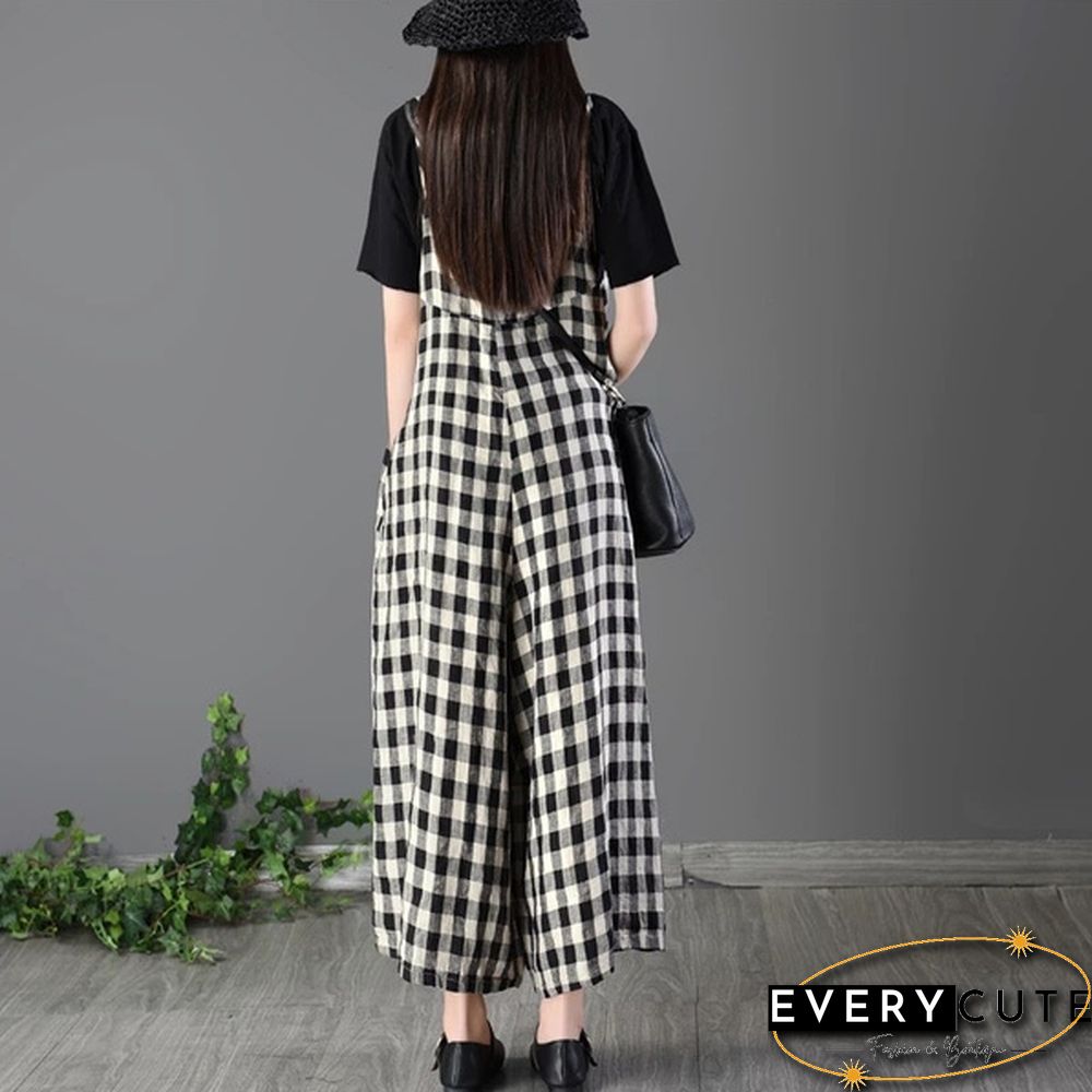 Women Loose Bib Pants Ladies Checked Suspenders Baggy Overalls Sleeveless Jumpsuit